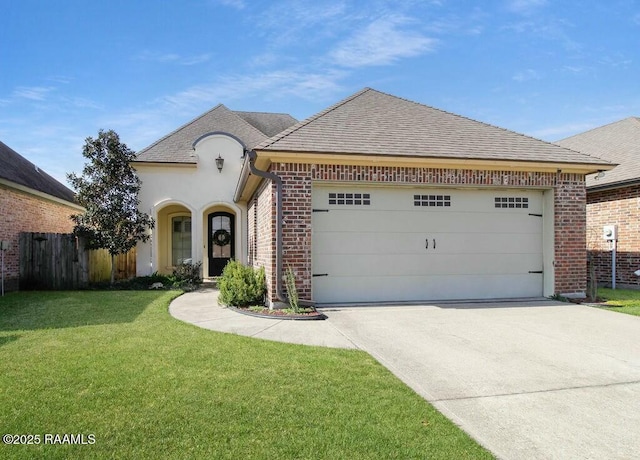 french country style house with a front yard, fence, driveway, an attached garage, and brick siding