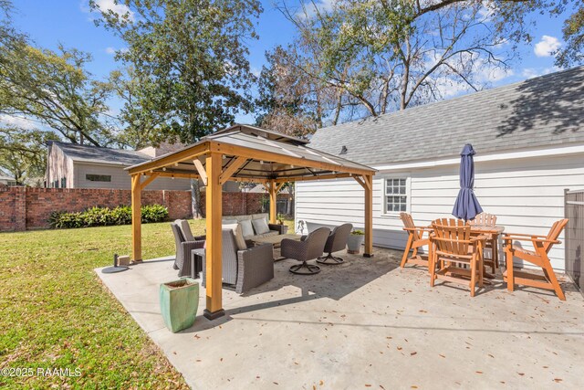 view of patio / terrace with a gazebo, an outdoor hangout area, and fence