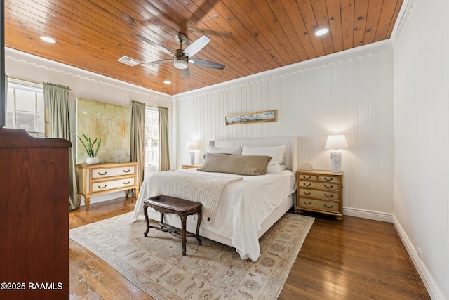 bedroom with visible vents, ceiling fan, baseboards, wood ceiling, and hardwood / wood-style floors