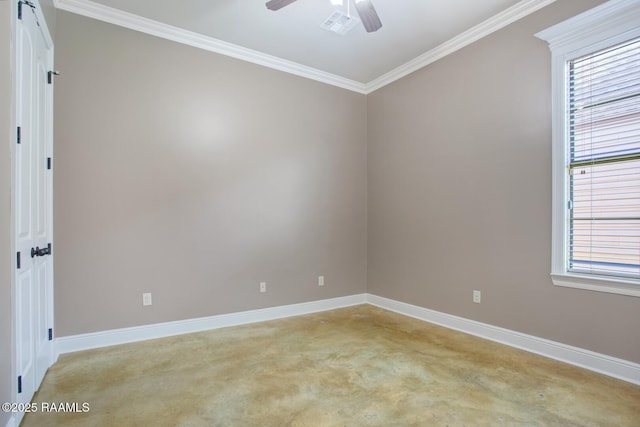 unfurnished room featuring visible vents, baseboards, ornamental molding, and a ceiling fan