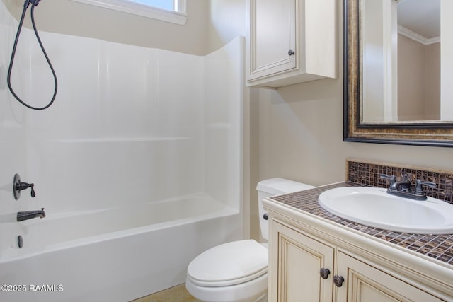 full bathroom with tasteful backsplash, toilet, shower / washtub combination, and vanity