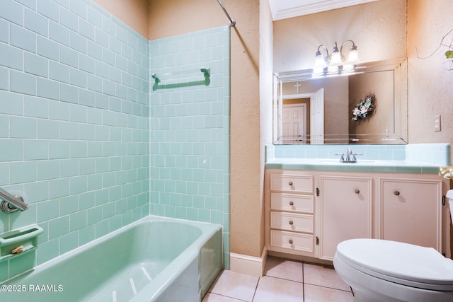 full bath with tile patterned flooring, washtub / shower combination, vanity, and a textured wall