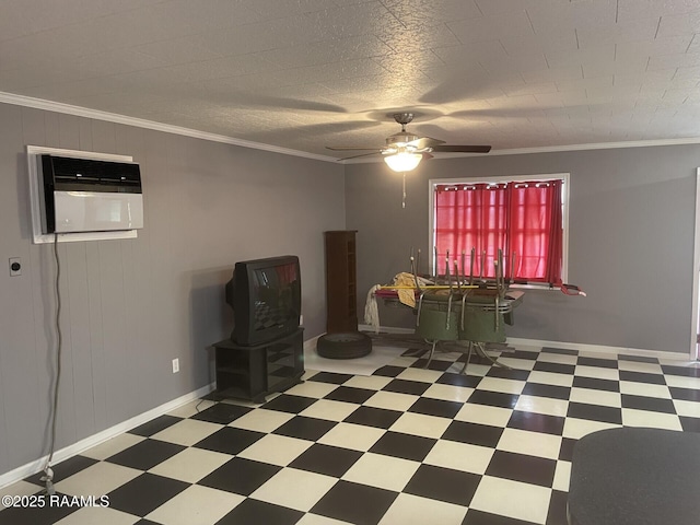 interior space featuring tile patterned floors, an AC wall unit, crown molding, and ceiling fan