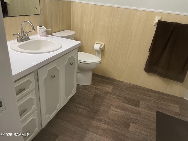 bathroom featuring toilet, vanity, and wood finished floors