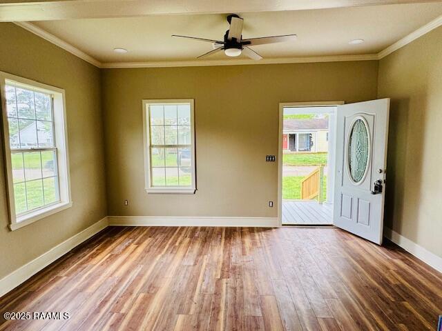 224 W Cherry St, Opelousas, LA 70570 - entryway featuring ceiling fan, baseboards, ornamental molding, and wood finished floors