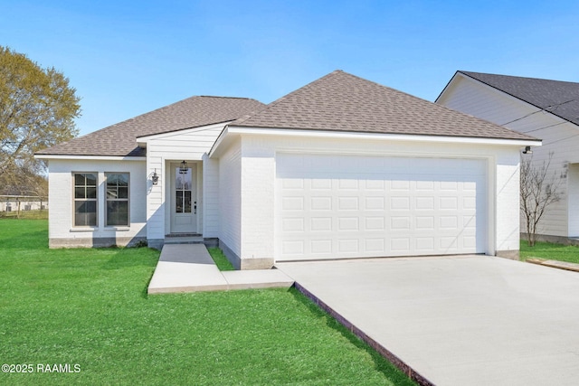 ranch-style home featuring driveway, a front lawn, roof with shingles, a garage, and brick siding