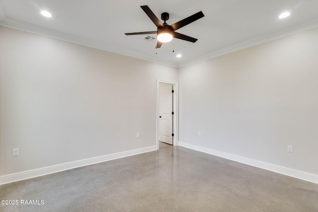 unfurnished room featuring recessed lighting, baseboards, ceiling fan, and ornamental molding