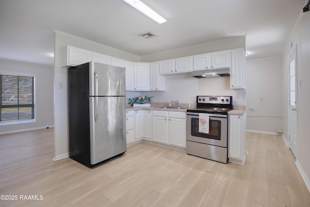 kitchen featuring visible vents, under cabinet range hood, a sink, appliances with stainless steel finishes, and white cabinets