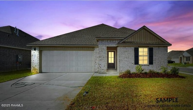 ranch-style home with a garage, a front lawn, and driveway