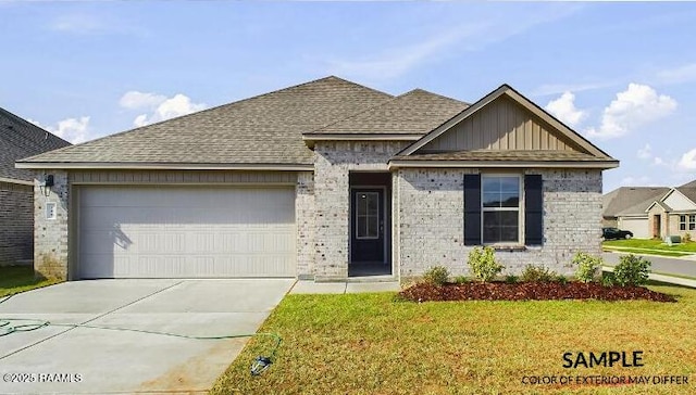 ranch-style home with brick siding, driveway, a garage, and board and batten siding