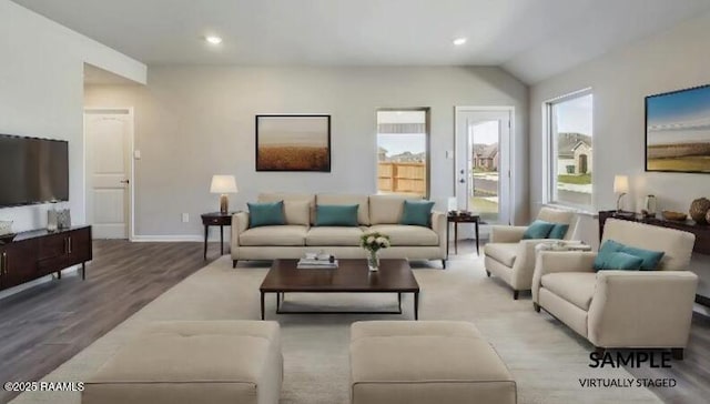 living room featuring vaulted ceiling, recessed lighting, wood finished floors, and baseboards