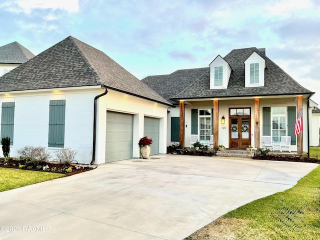 view of front of property featuring driveway, a shingled roof, french doors, and an attached garage