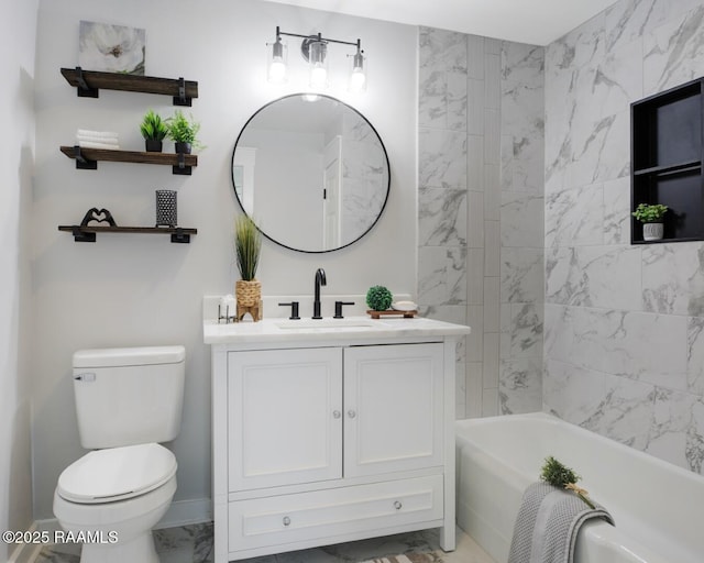 full bathroom featuring vanity, toilet, baseboards, and marble finish floor