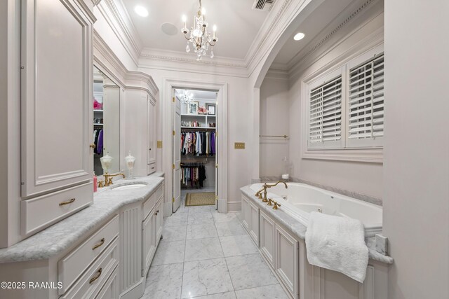 306 Princeton Woods Loop, Lafayette, LA 70508 - bathroom featuring vanity, visible vents, a spacious closet, crown molding, and a notable chandelier