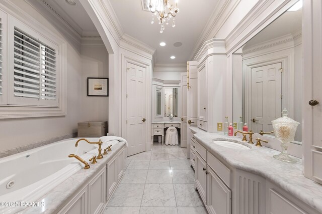 306 Princeton Woods Loop, Lafayette, LA 70508 - full bath featuring vanity, recessed lighting, crown molding, a garden tub, and marble finish floor