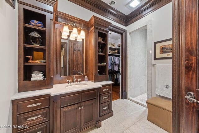 306 Princeton Woods Loop, Lafayette, LA 70508 - full bathroom with visible vents, a walk in closet, crown molding, tiled shower, and vanity
