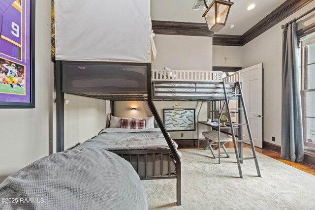306 Princeton Woods Loop, Lafayette, LA 70508 - bedroom featuring visible vents, baseboards, ornamental molding, recessed lighting, and wood finished floors