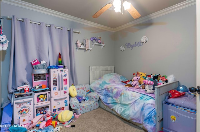 bedroom featuring carpet flooring, crown molding, and ceiling fan