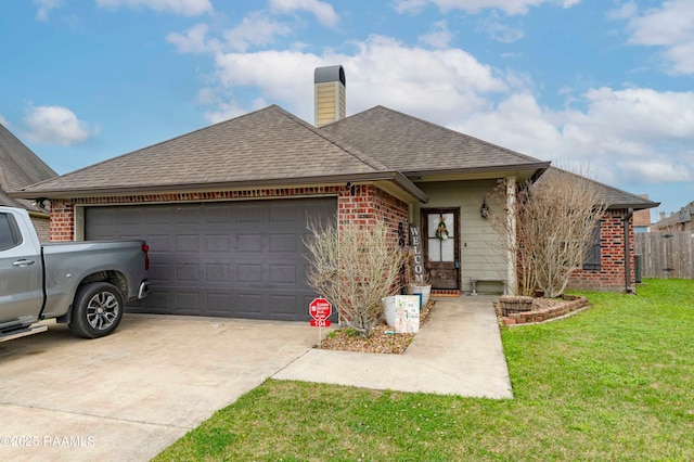 view of front of house with a front lawn, driveway, an attached garage, a shingled roof, and brick siding