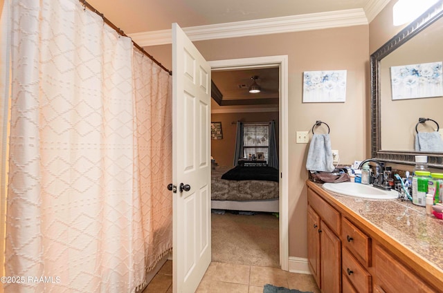 ensuite bathroom with vanity, ensuite bath, crown molding, and tile patterned flooring