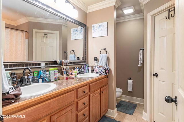 full bath featuring tile patterned flooring, crown molding, toilet, and a sink