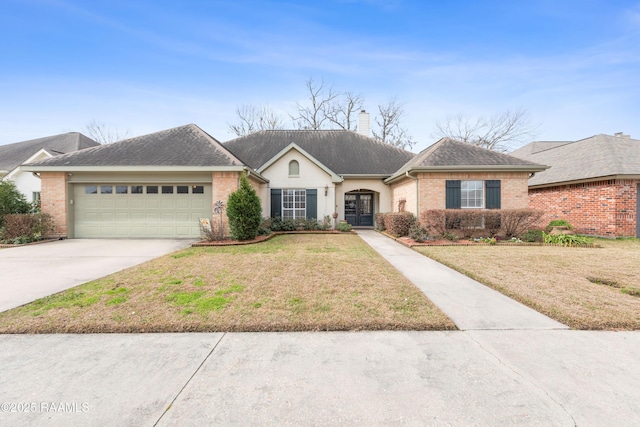 view of front of home with brick siding, a front lawn, a chimney, driveway, and an attached garage