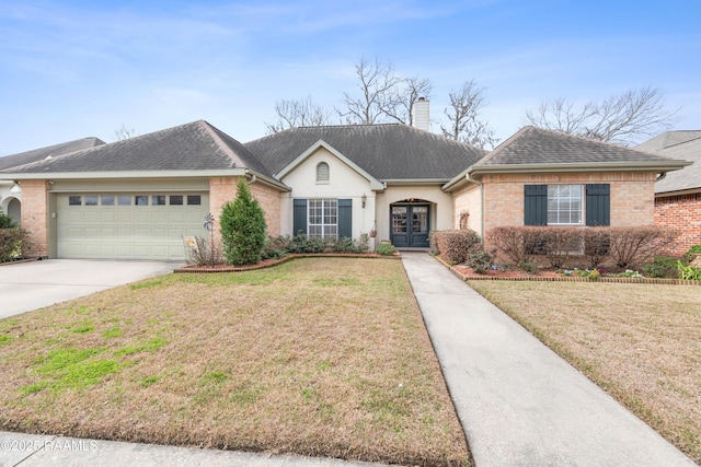 view of front facade with driveway, roof with shingles, a chimney, french doors, and a garage