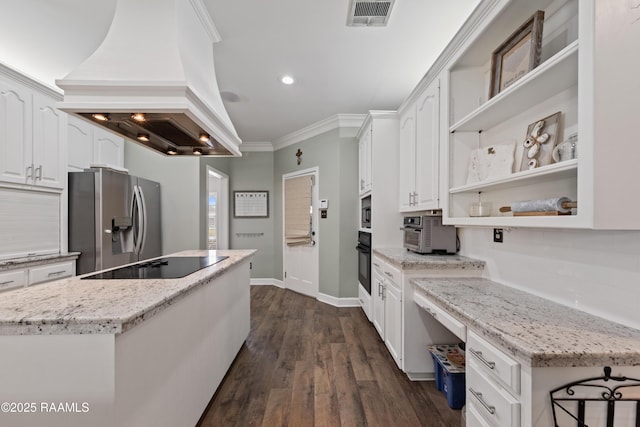 kitchen featuring visible vents, black appliances, open shelves, crown molding, and custom exhaust hood