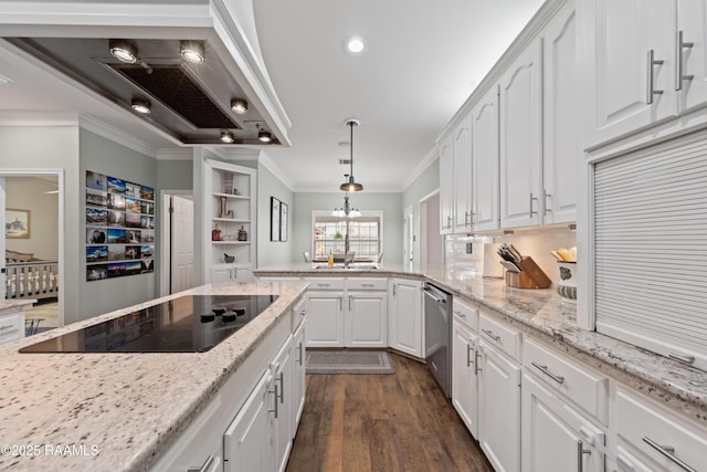 kitchen with black electric stovetop, stainless steel dishwasher, crown molding, and white cabinetry