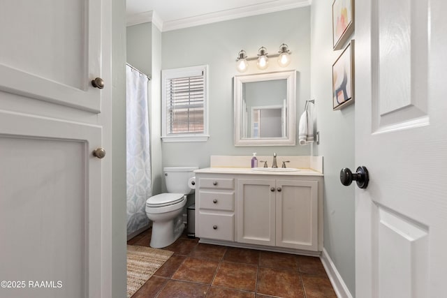 full bathroom with vanity, toilet, crown molding, and baseboards