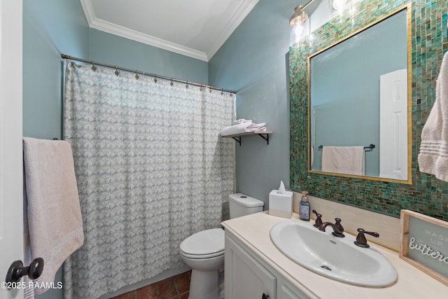 full bathroom with tile patterned floors, toilet, curtained shower, crown molding, and vanity