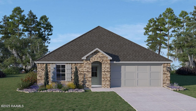 view of front of house with a garage, stone siding, and a front yard