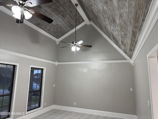 spare room with high vaulted ceiling, baseboards, crown molding, and ceiling fan