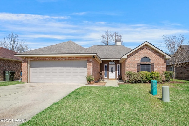 ranch-style house featuring brick siding, a shingled roof, a front lawn, concrete driveway, and a garage