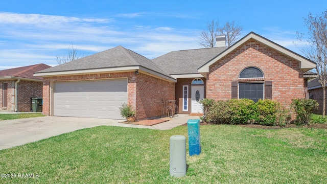 view of front of home featuring a front yard, a garage, brick siding, and concrete driveway