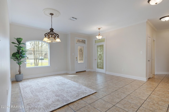 interior space featuring visible vents, crown molding, baseboards, a chandelier, and light tile patterned floors