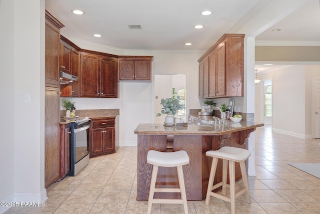 kitchen with a peninsula, electric range, ornamental molding, a sink, and under cabinet range hood