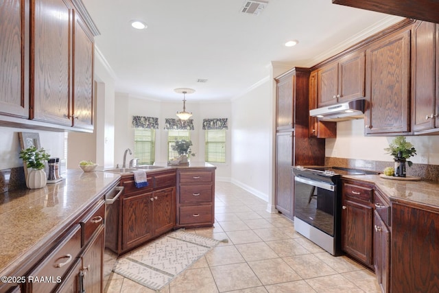 kitchen with stainless steel range with electric stovetop, ornamental molding, under cabinet range hood, a sink, and light tile patterned flooring