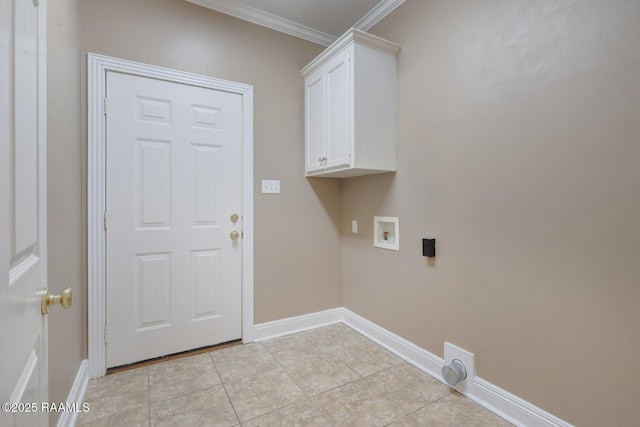 laundry room featuring light tile patterned floors, baseboards, hookup for a washing machine, and ornamental molding