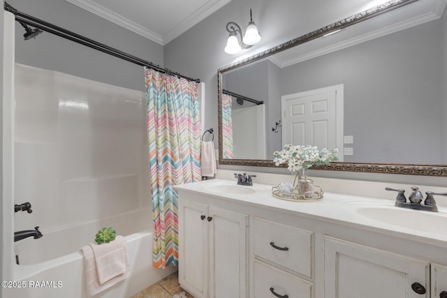 bathroom with a sink, shower / bathtub combination with curtain, ornamental molding, and double vanity