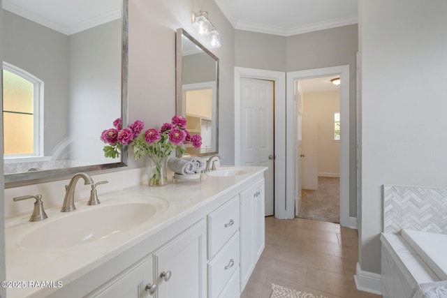 full bathroom with crown molding, double vanity, and a sink