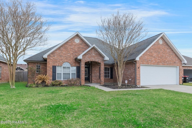 view of front of home with a front lawn, brick siding, roof with shingles, and an attached garage