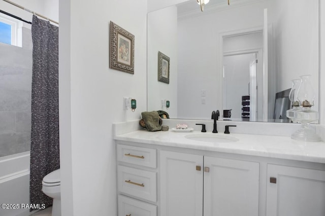 full bathroom with toilet, shower / bath combo, vanity, and ornamental molding