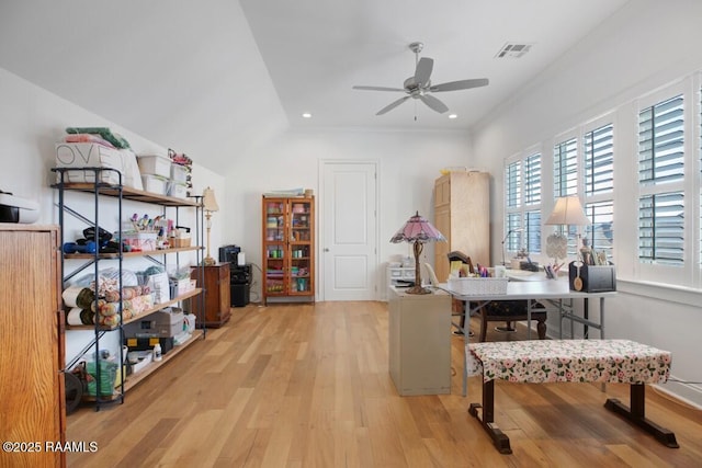 office area with visible vents, ceiling fan, lofted ceiling, recessed lighting, and light wood-style floors