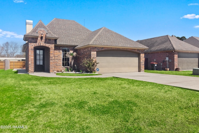 french country inspired facade with roof with shingles, a front lawn, concrete driveway, a garage, and brick siding