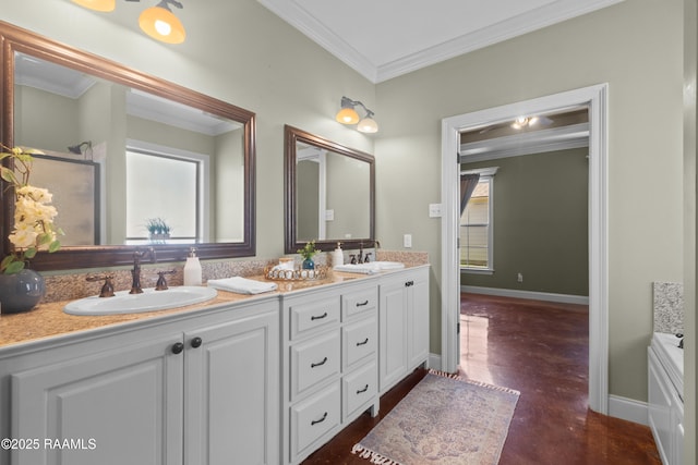 full bath with a sink, baseboards, ornamental molding, and double vanity