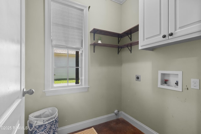 washroom featuring washer hookup, cabinet space, baseboards, and hookup for an electric dryer