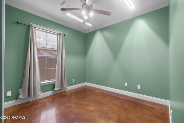 unfurnished room featuring a ceiling fan, finished concrete flooring, visible vents, and baseboards