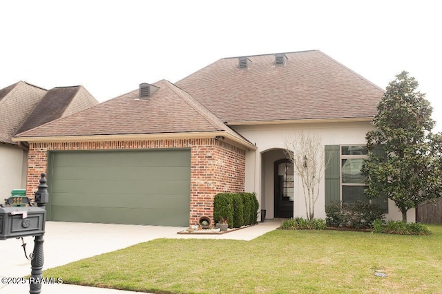 french provincial home with a front yard, an attached garage, brick siding, and a shingled roof