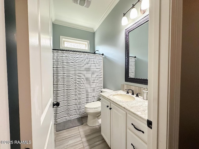 bathroom with visible vents, toilet, curtained shower, crown molding, and vanity